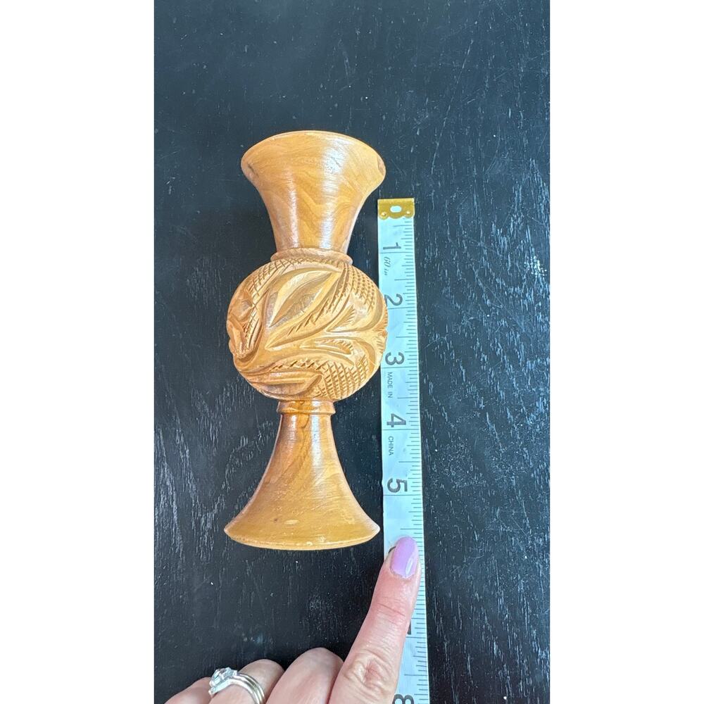 Vintage Mini Wood Carved Decor Florals Medium Brown Bud Vase- 5.5" Neutral Boho - Picture 6 of 7